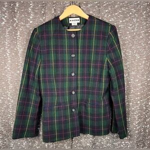 Vintage 1980s Navy & Green Plaid Wool Blazer, Size 12